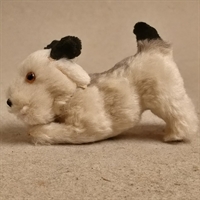 sort-oere-hale-hvid-pels-hund-nede-på-forbenene-gammel-legetoejshund